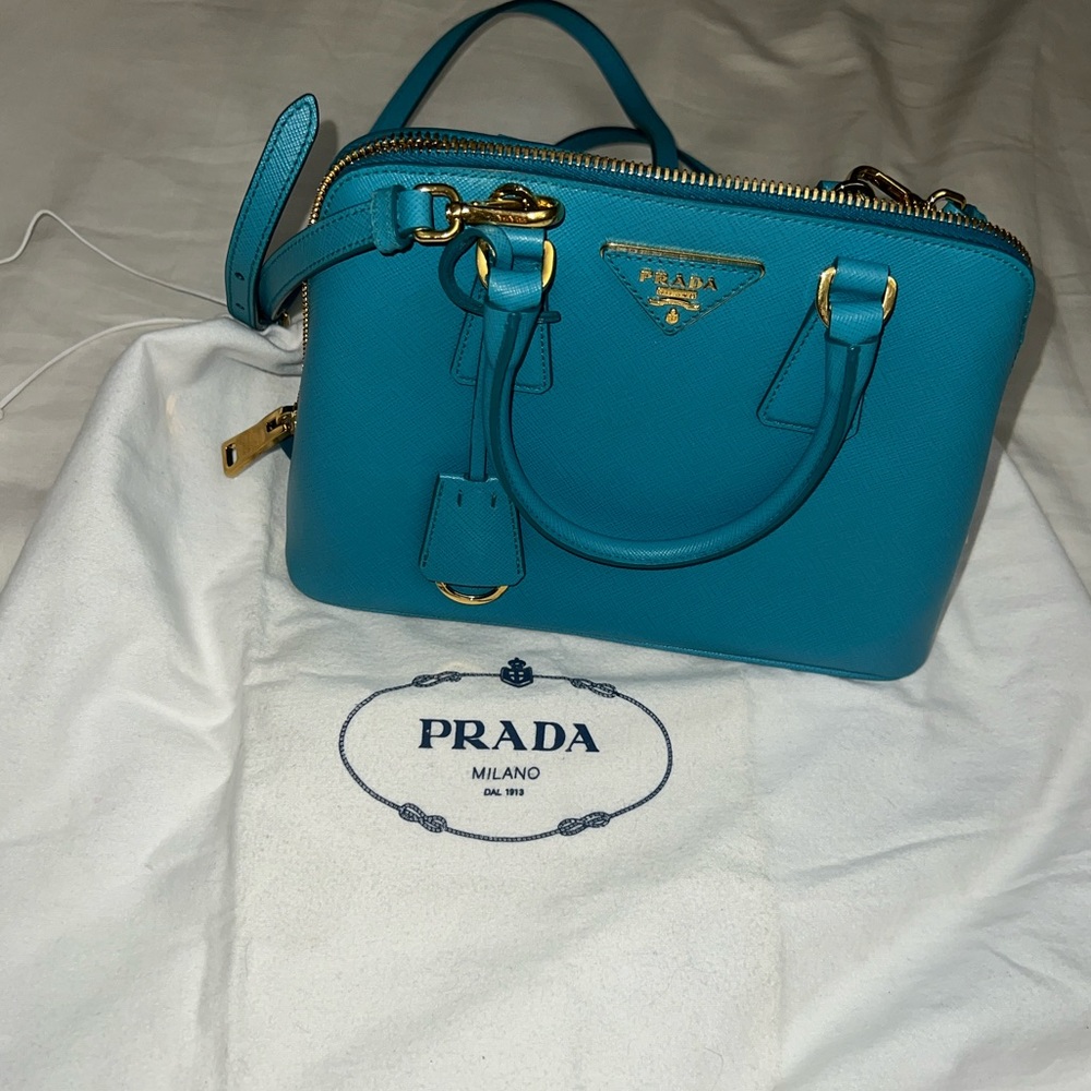 Prada Teal Saffiano Lux Leather Small Promenade Satchel
